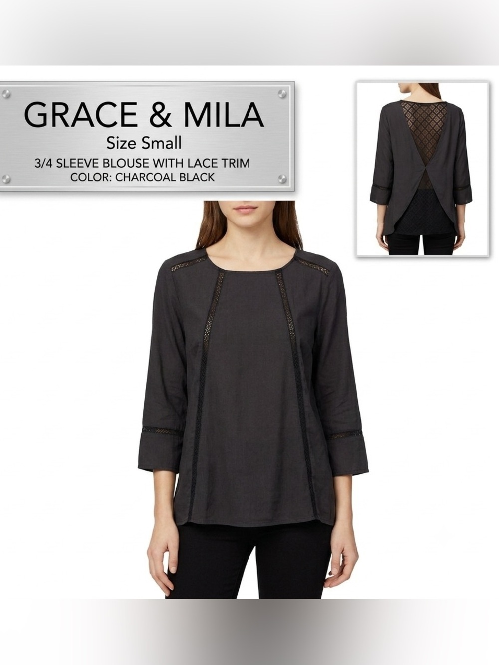 Grace & Mila Lace Back Black Blouse Small